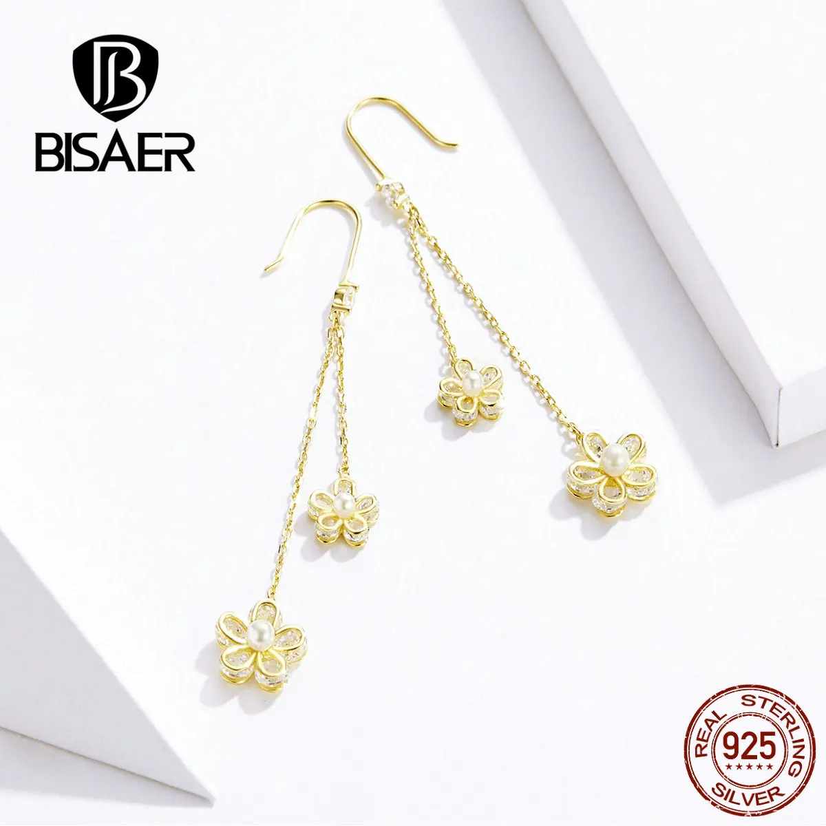 

BISAER 100% 925 Sterling Silver Top Quality Golden Carnation Drop Earrings AAA Zircon For Women Fashion Jewelry Brincos GAE197