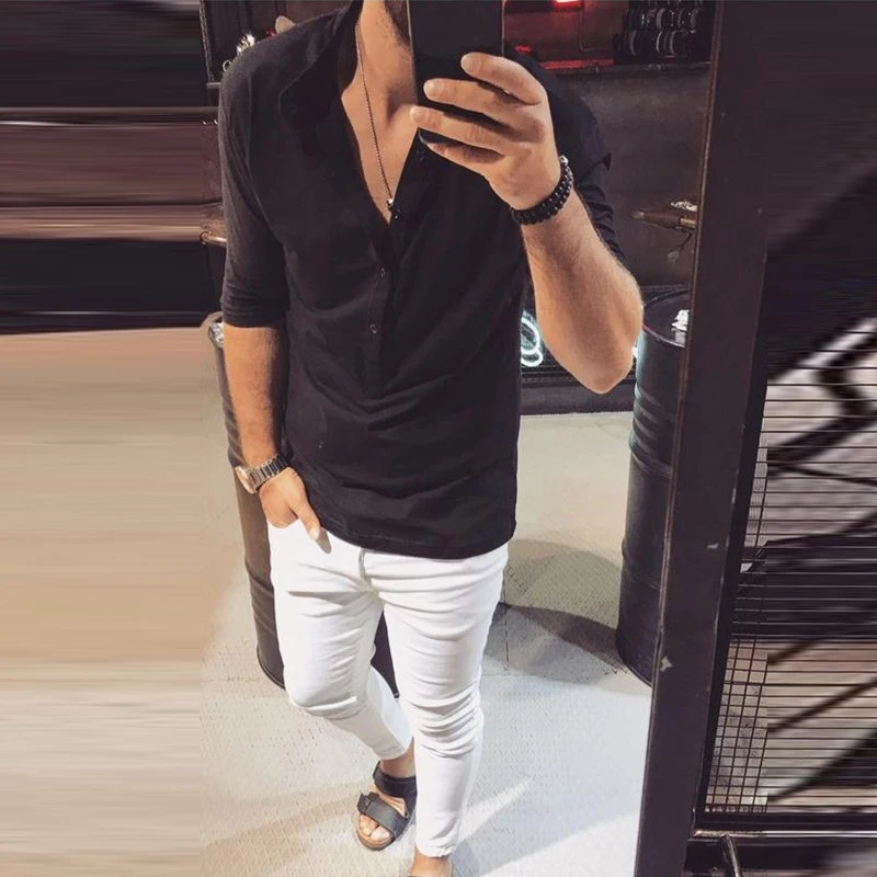 2019 الأزياء قميص الرجال هينلي قمصان الخامس الرقبة نصف كم صالح سليم Camisa هومبر عطلة الشاطئ قميص قميص الخريف الرجال الملابس