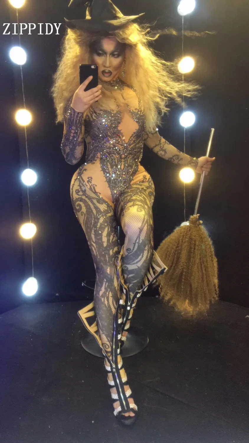 Sexy Black Nude Rhinestone Jumpsuit Sexy Nightclub Bar Wear Stones Bodysuit Leggings Prom Celebrate Outfit Performance Dress