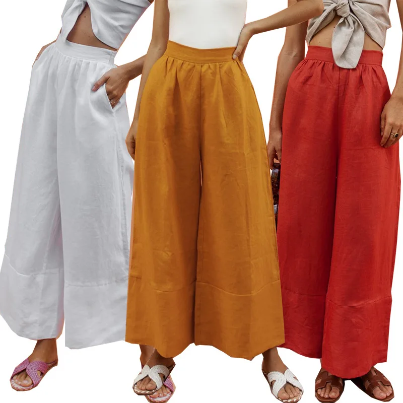 

Hirigin Women's Casual High Waist Solid Cotton Linen Trousers Wide Leg 3 Colours Pants Holiday