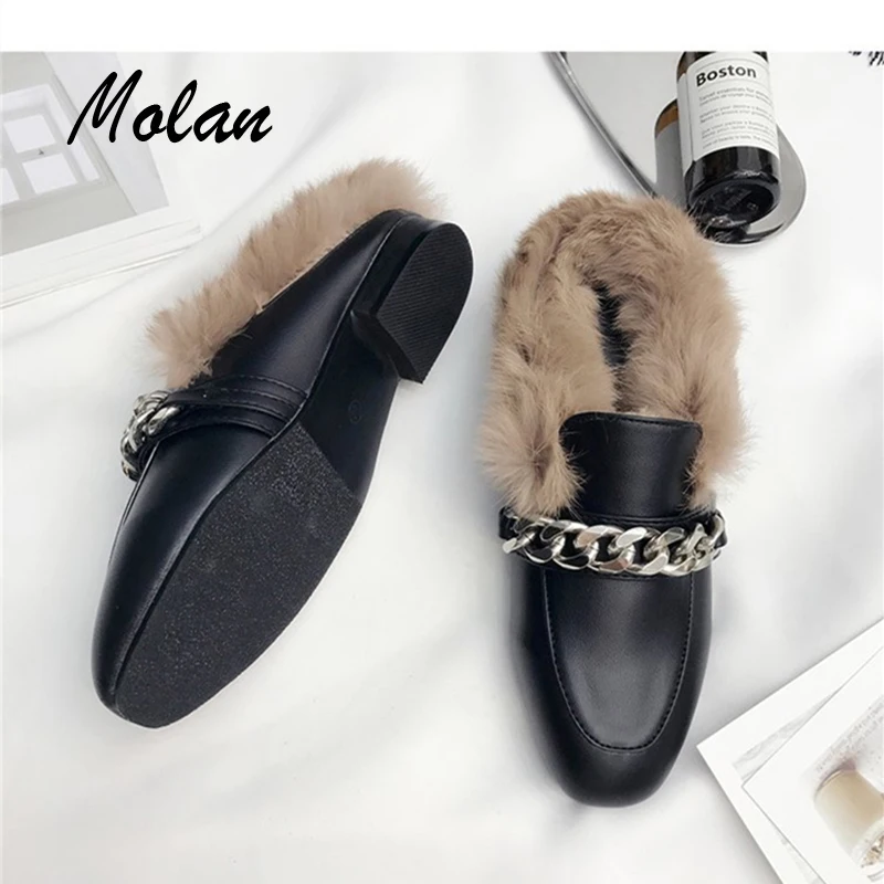 

2018 Winter and Autumn Fashion Leather Shoes Woman With Metal Chain Flat Slippers Fur Slides Mules Casual Large Size 5 to 9.5