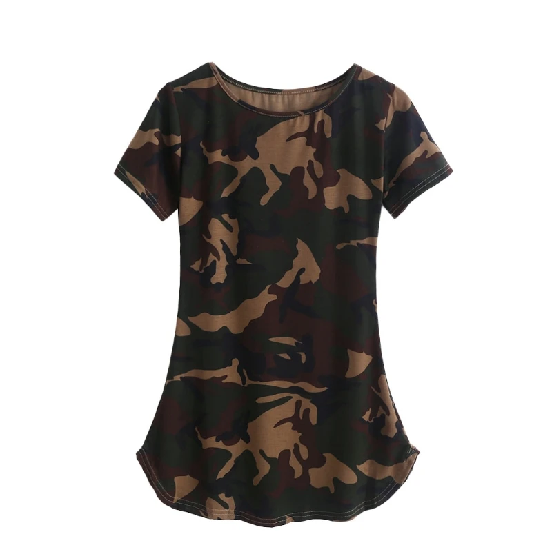 

KLV Women Summer t-shirt Camouflage t-shirts Printed O-Neck Short Sleeve Long Tops t shirt women tshirt new
