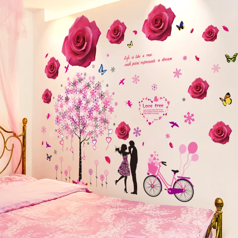 

[SHIJUEHEZI] Snowflake Tree Wall Stickers DIY Cartoon Couples Red Rosees Mural Decals for Living Room Bedroom Wedding Decoration