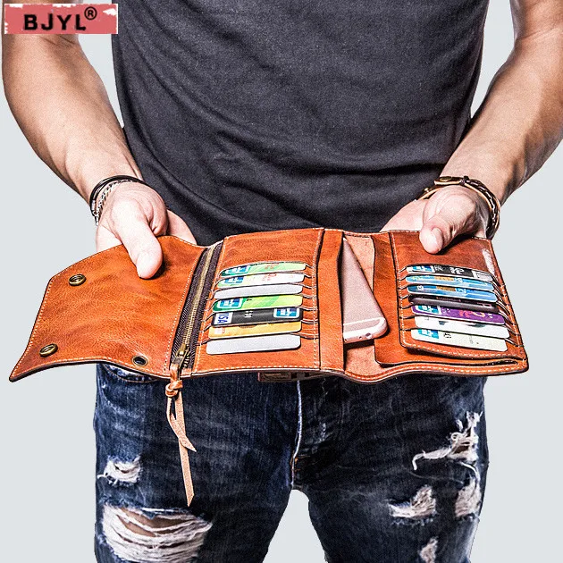 

BJYL Men's wallet, clutch bag, handmade full genuine leather men's long wallets retro mobile phone bag, ultra-thin card purse