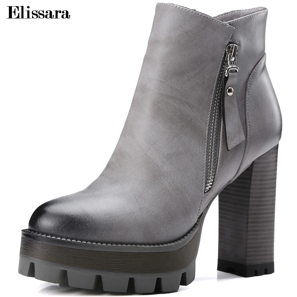 

Elissara Fashion New Women High Heels Ankle Boots Women Sexy Zip Punk Square Heels Platform Boots Shoes Plus Size 32-42