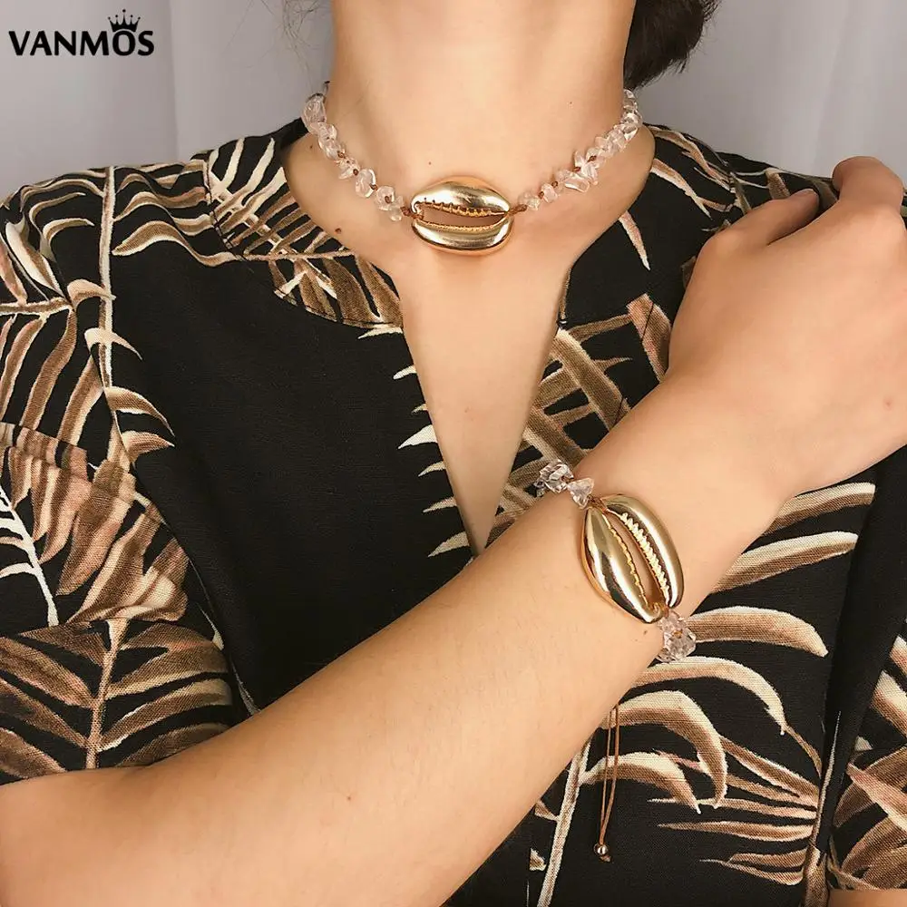 

Vanmos Bohemia Exaggeration Alloy Gold Color Shell Pendant Necklace Ethnic Handmade Irregular Crystal Choker Collar Jewelry