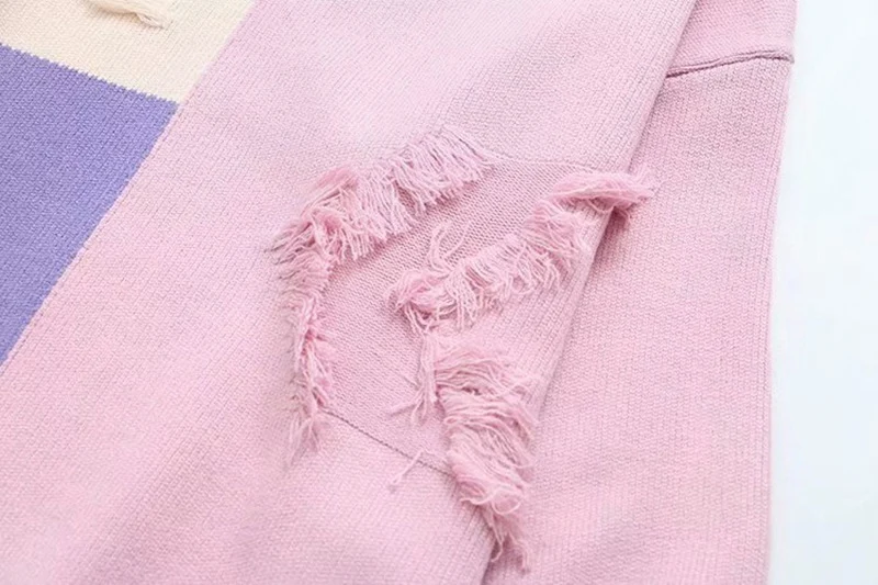 Patchwork Women Sweater Plus Size Casual Round Neck Loose Long Sleeve Hole Tassel Knitted Sweaters Pullovers  KKFY2899