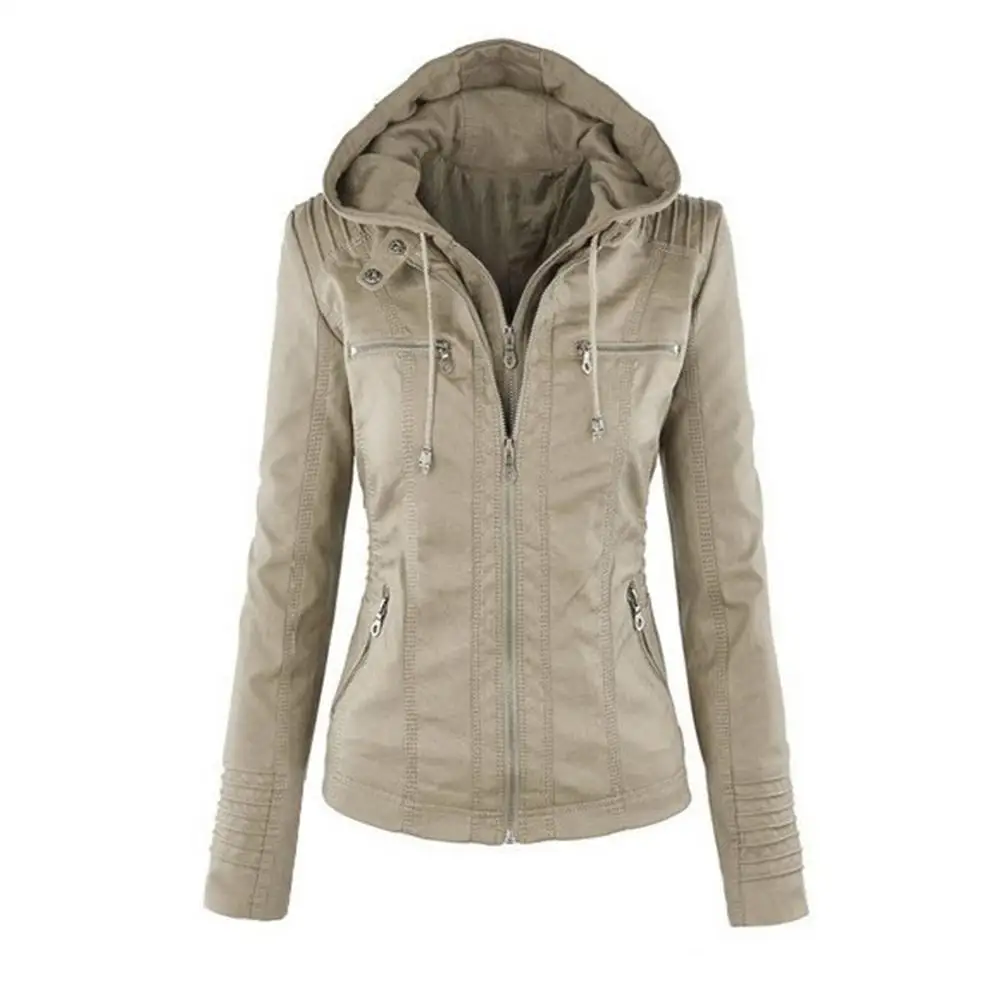 Femmes Veste Capuchon Outwear Missky La En Mode black brown À Manches Zipper Manteau Beige apricot Cuir Pu Longues 5AcjL3Rq4