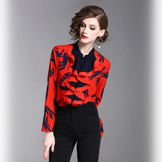 Modern Office Lady Popular Ruffles Red Blouse Butterfly Trendy Elegant Special Design Printed