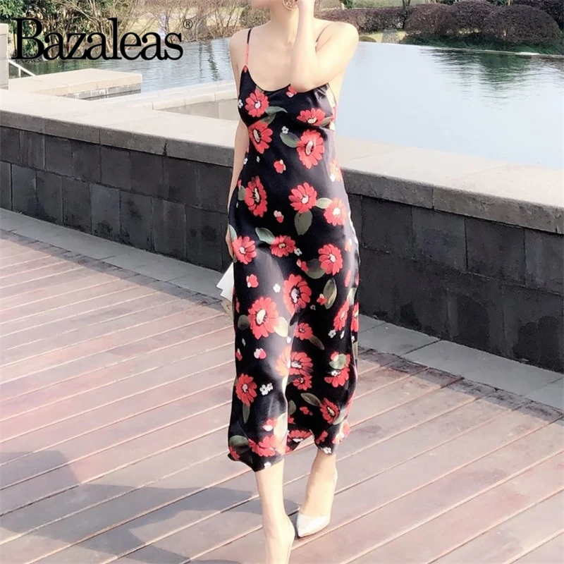 Bazaleas 2019 г. С цветочным принтом красивые платья с регулируемыми лямками на спине