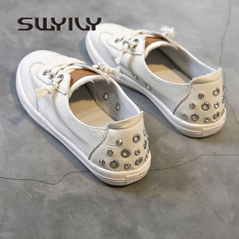SWYIVY Woman Sneakers Genuine Leather Rivet White Shoes 2018 Autumn Female Casual Shoes Breathable Soft Comfortable Sneakers 40