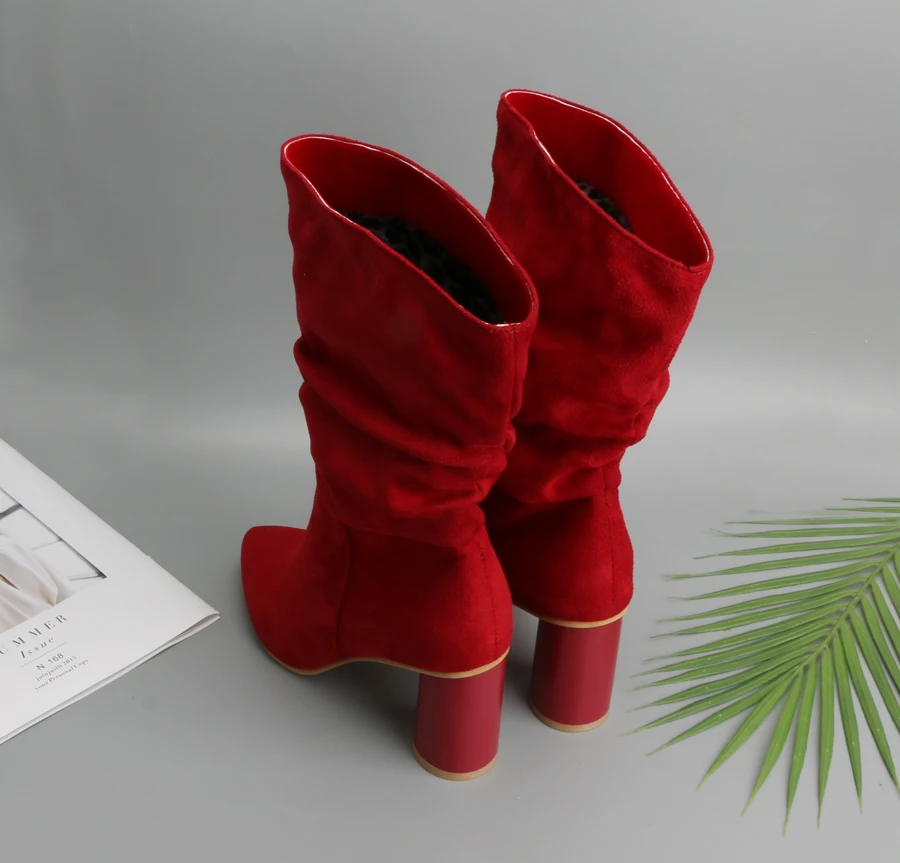 Meotina/зимние ковбойские сапоги; женская обувь с острым носком; сапоги на высоком каблуке с круглым носком; плиссированные ковбойские сапоги; Осенняя женская обувь; Цвет Красный
