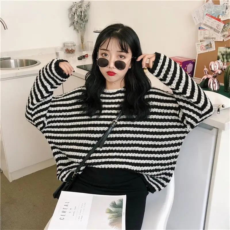 Для женщин свитеры для леди Kawaii Ulzzang повседневное черный и белый полосатый свитер женский корейский Harajuku милые Винтаж Топы Корре