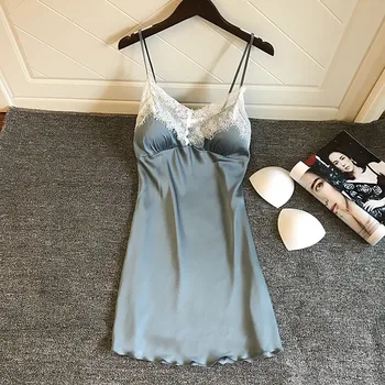 

2020 New Summer Spaghetti Strap Nightgown Satin Lady Sleepwear Lace Trim Nightwear Nightie Casual Home Dress Sleepshirts