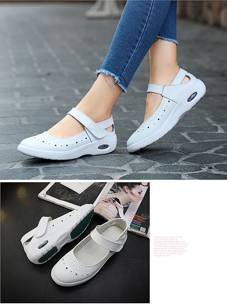 2019 Summer Genuine Leather Women Flats Shoes Non-slip Woman Ballet Flats Nurse White Ladies Shoes (7)
