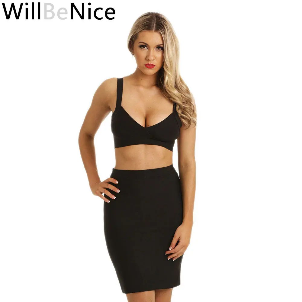 

WillBeNice Black 2018 New Arrival Two Piece Sexy Lady Bandage Short Pencil Skirt And Spaghetti Strap V Neck Crop Top