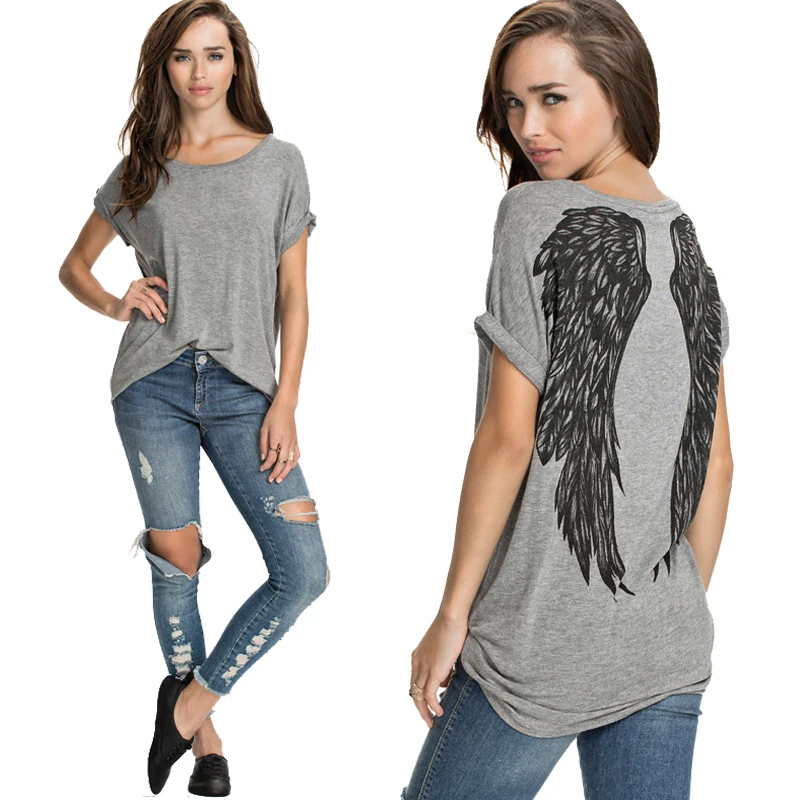 

New fashion Angel Wings Print Tropical Female Camisetas mulheres Short Sleeve Casual Loose lager Size Lady Tops T Shirt Women