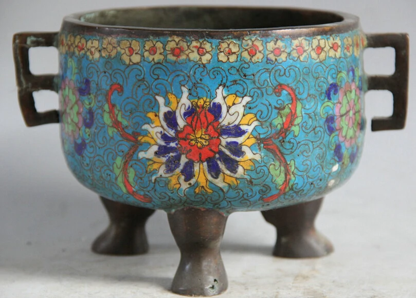 

Elegant old S1795 8" Marked Chinese Cloisonne Bronze blossom flower handle Incense Burner Censer statue