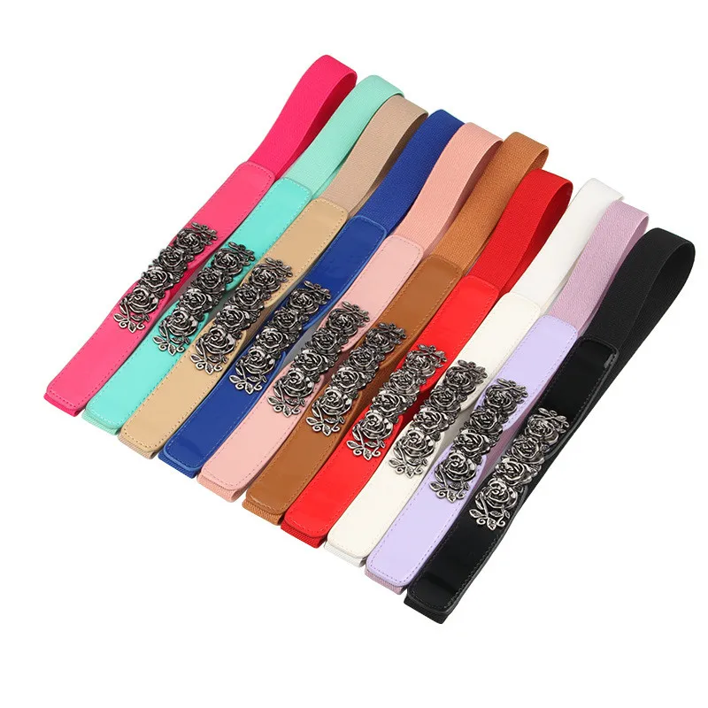 

Bycobecy New Fashion Wild Small Waist Seal Rose Imitation Leather Retro Women's Belt Buckle Female Elastic Thin Belt Skirt Belt