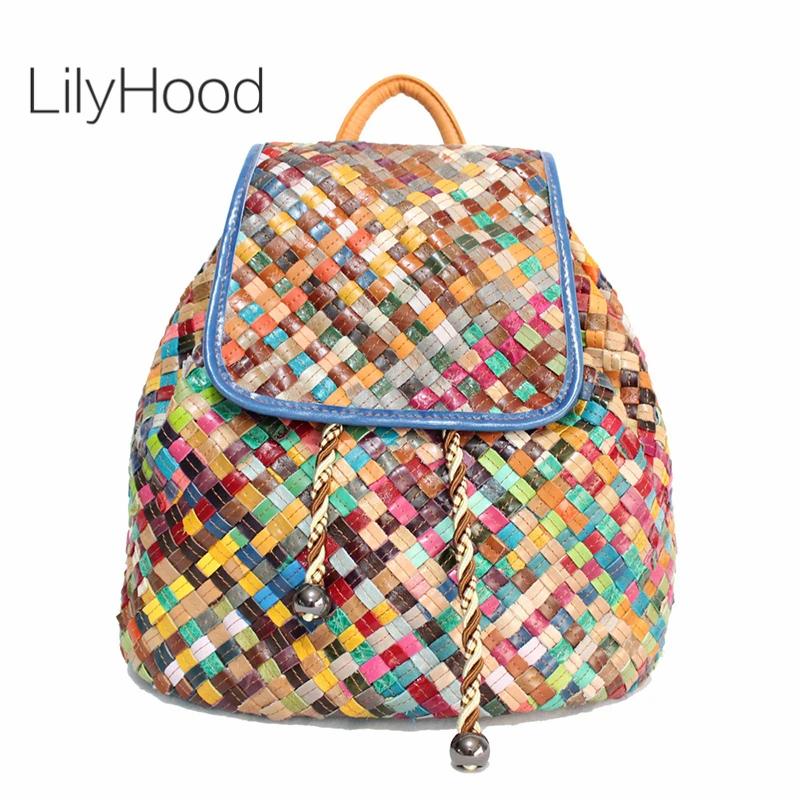 

LilyHood Sheepskin Drawstring Backpack Casual Leisure Female Real Leather Bohemian Hippie Boho Chic Colorful Patchwork Book Bag