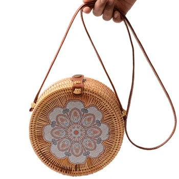 

LJL-Printing Round Rattan Crossbody Bag,Straw Boho Bag For Women Purse Handmade Clutch Women Shoulder Bag,Rain