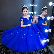 Бальное платье с аппликацией; Платья с цветочным узором для девочек; свадебное платье с открытыми плечами для девочек; костюм для дня рождения; платье для Первого Святого Причастия; D120