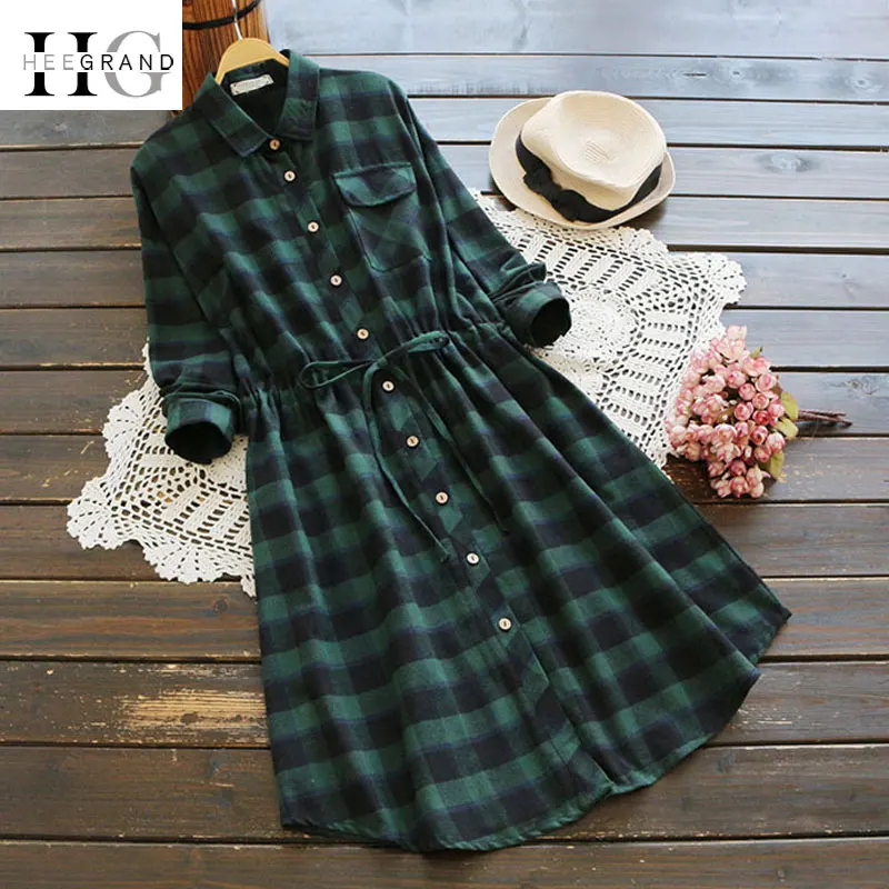

HEE GRAND Women Spring Sash Dresses Turn-down Collar Full Sleeves 3/4 Sleeves Plaid Oversize Vestidos Soft Cotton Dress WQL5697