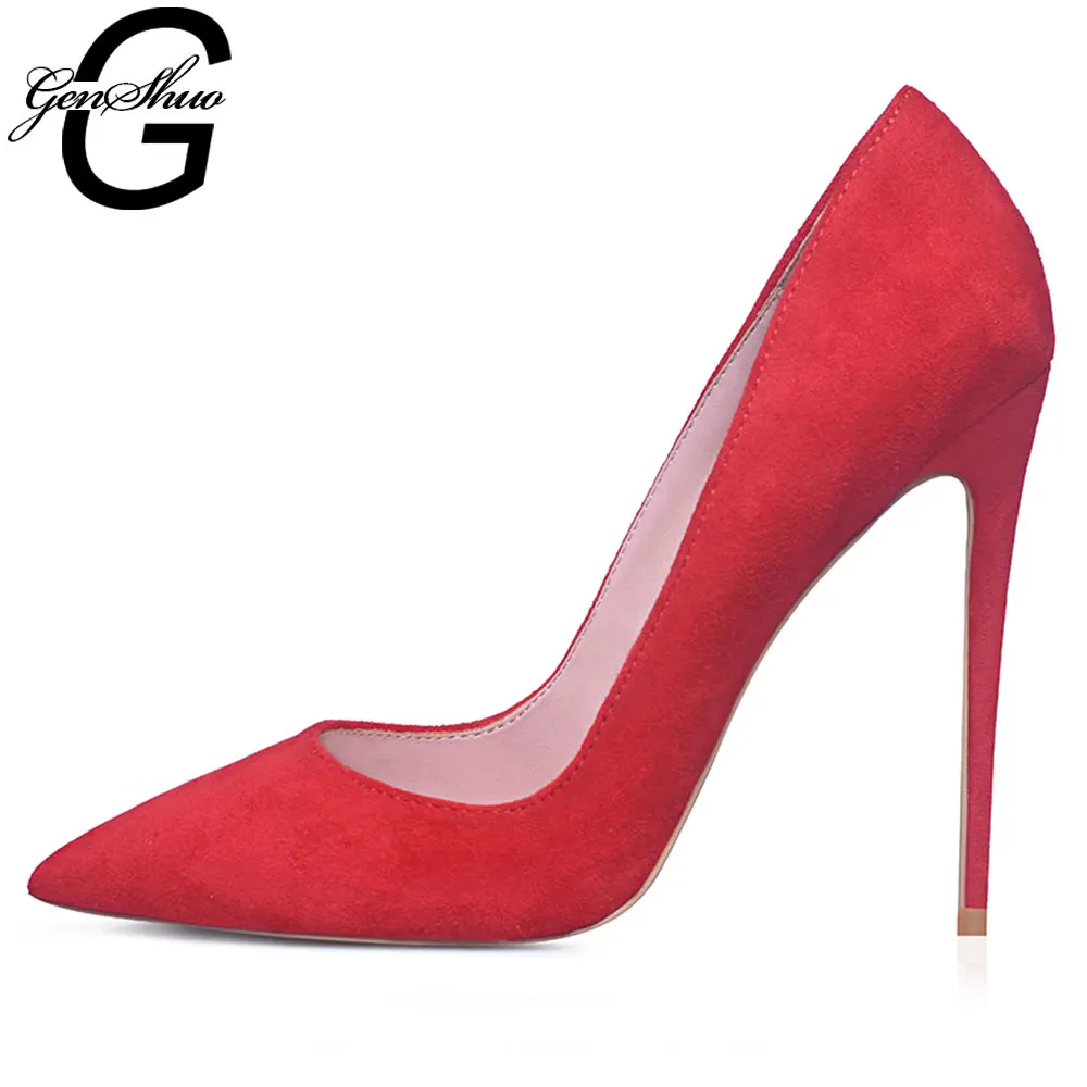 GENSHUO Pumps Women Shoes Flock Leather Slip-On Shallow Wedding Party Pointed Toe High Heels Pump Chaussures Femme Stiletto Pump