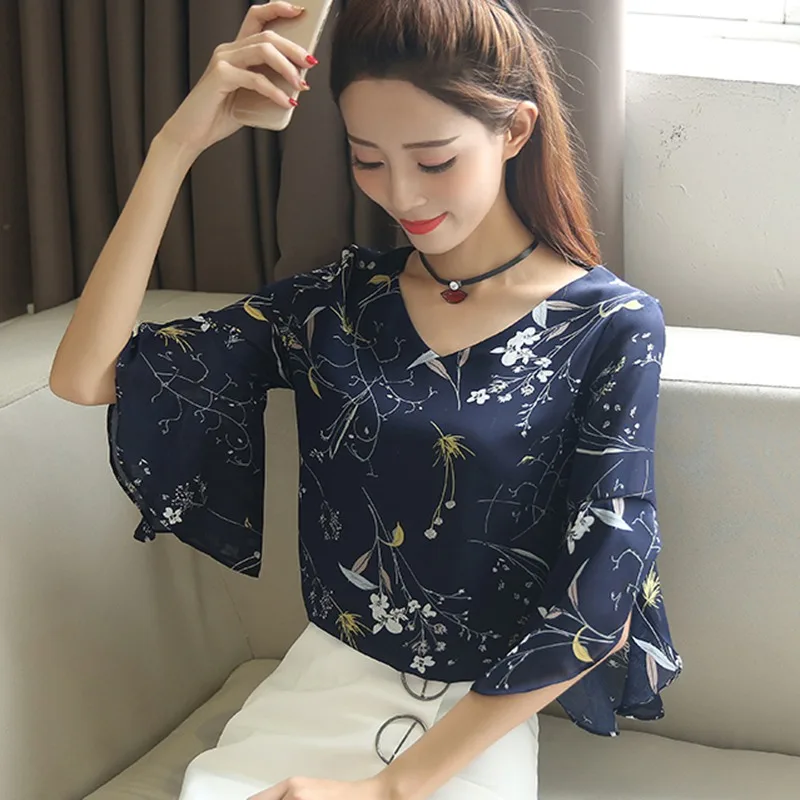 Корейский стиль, блузка с цветочным принтом, Милые шифоновые рубашки, женская блузка с v-образным вырезом и расклешенными рукавами, Новое поступление размера плюс 3xl
