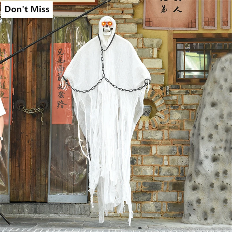 

White Electric Ghost Voice Control Scary Halloween Hanging Ghost Bright eye Halloween Decor Haunted Scary Halloween Party Props