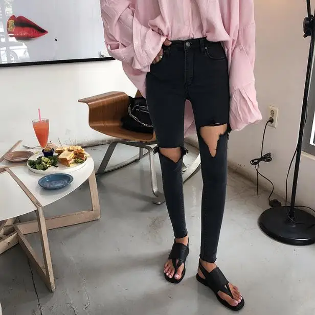 

2019 slim fit high waist irregular knees stretched denim pants women black with holes women jeans
