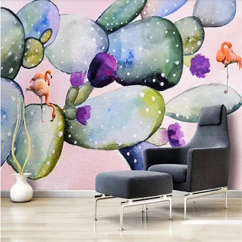 

Custom wallpaper Nordic small fresh hand painted watercolor cactus flamingo background wall art decoration