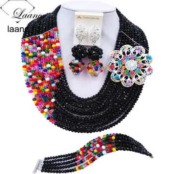 

Laanc Black Multicolor African Wedding Beads Nigerian Jewelry Set for Women Free Shipping C10JK013