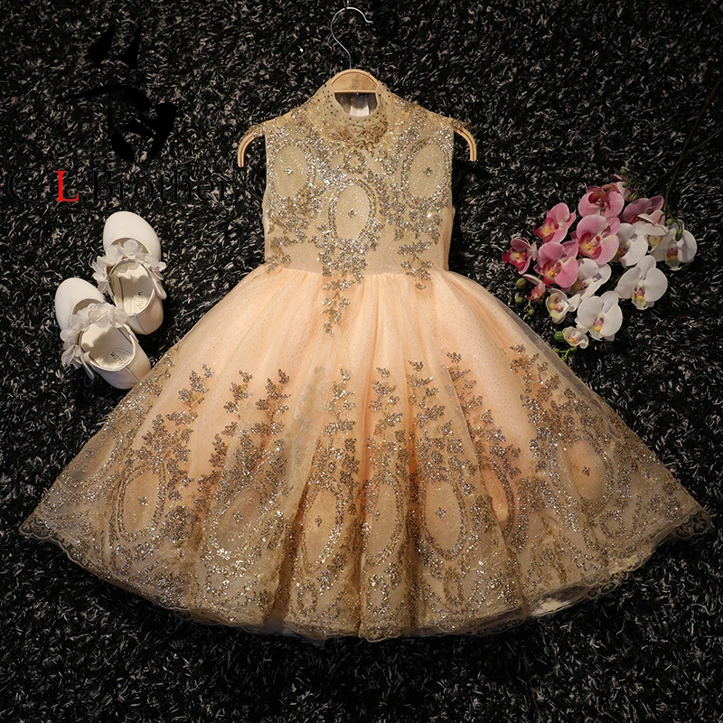 

Luxury Gold Ball Gown Girls Formal Dress Knee Length Sequined Flower Girl Dresses Sleeveless Turtleneck Tutu Princess Dress B26