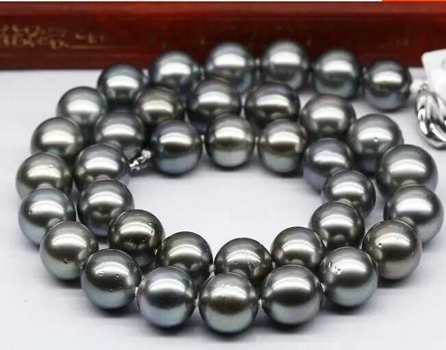 

FREE SHIPPING Tahitian genuine natural black pearl necklace huge 12- round HOT sell
