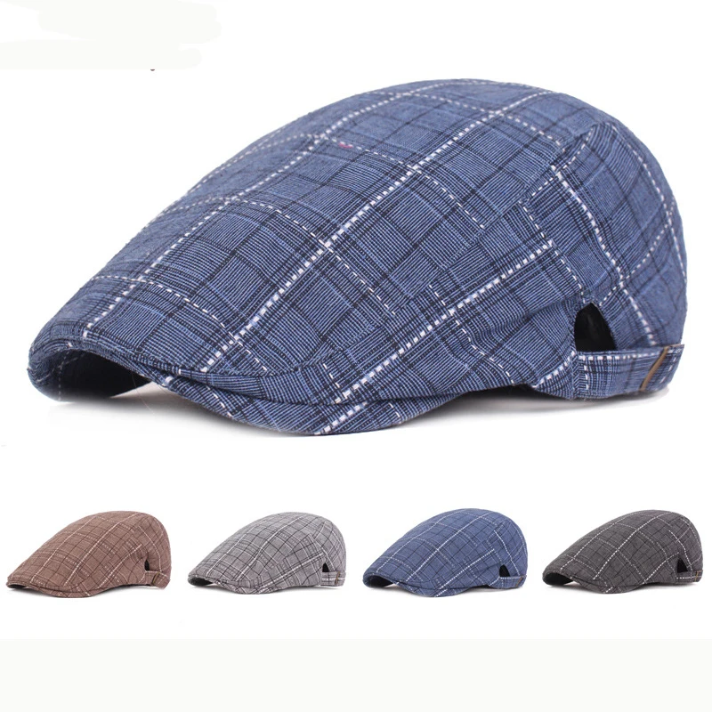 

HT2384 Men Women Beret Cap Plaid Newsboy Ivy Flat Cap Adjustable Men Women Cap Spring Summer Sun Hat Artist Painter Men Berets