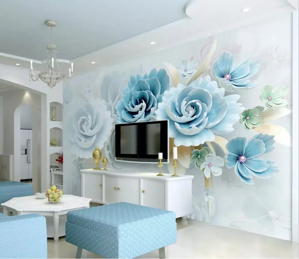 Beibehang Индивидуальные Современные красивые новые 3d тисненые цветы синий свежий ТВ фон обои домашний декор обои
