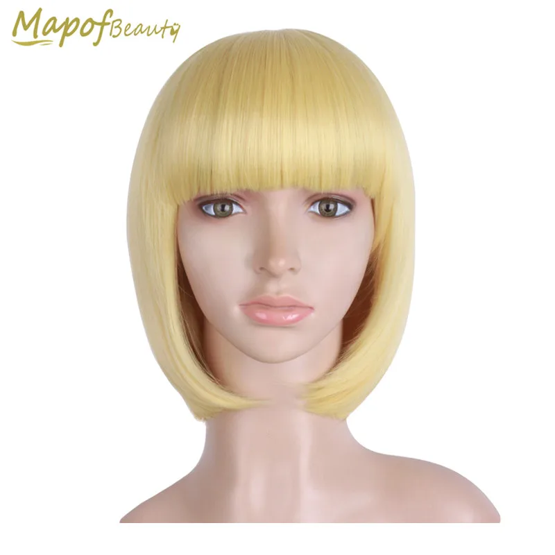 

Short Straight Bob Wigs For Black Women Green Pink Gold Heat Resistant Cosplay Wig Flat Bangs Synthetic Hair Piece MapofBeauty