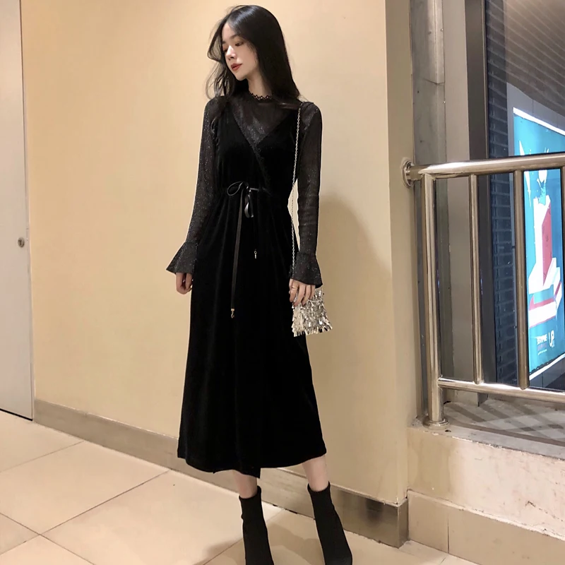 

2019 Women Velvet Stitching Elegant Lace Dress Two Piece Korean Party Long Sleeve Dress Spring Black Sexy Vestidos KJ1753