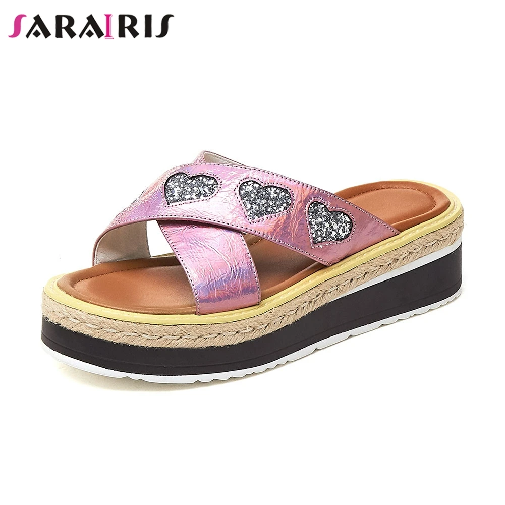 

SARAIRIS Brand New women's Summer Slippers 2019 Genuine Leather Ladies Wedges Heels Shoes Woman Casual Soft Slippers Female