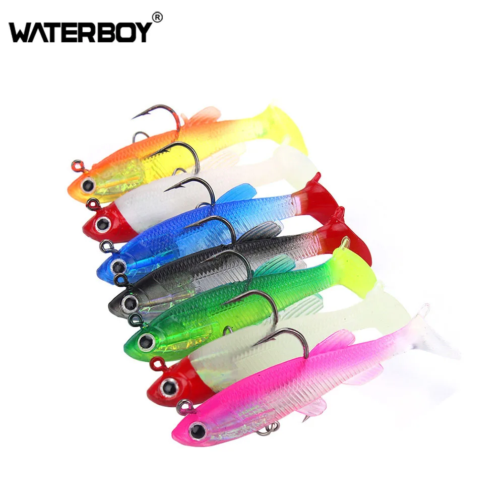 

WATERBOY 8cm/12.5g Fishing Soft Lure T Tail Lead Head Jig Sea Bass New Fish Tackle 3D Eyes PVC Plastic Silicone Soft Bait
