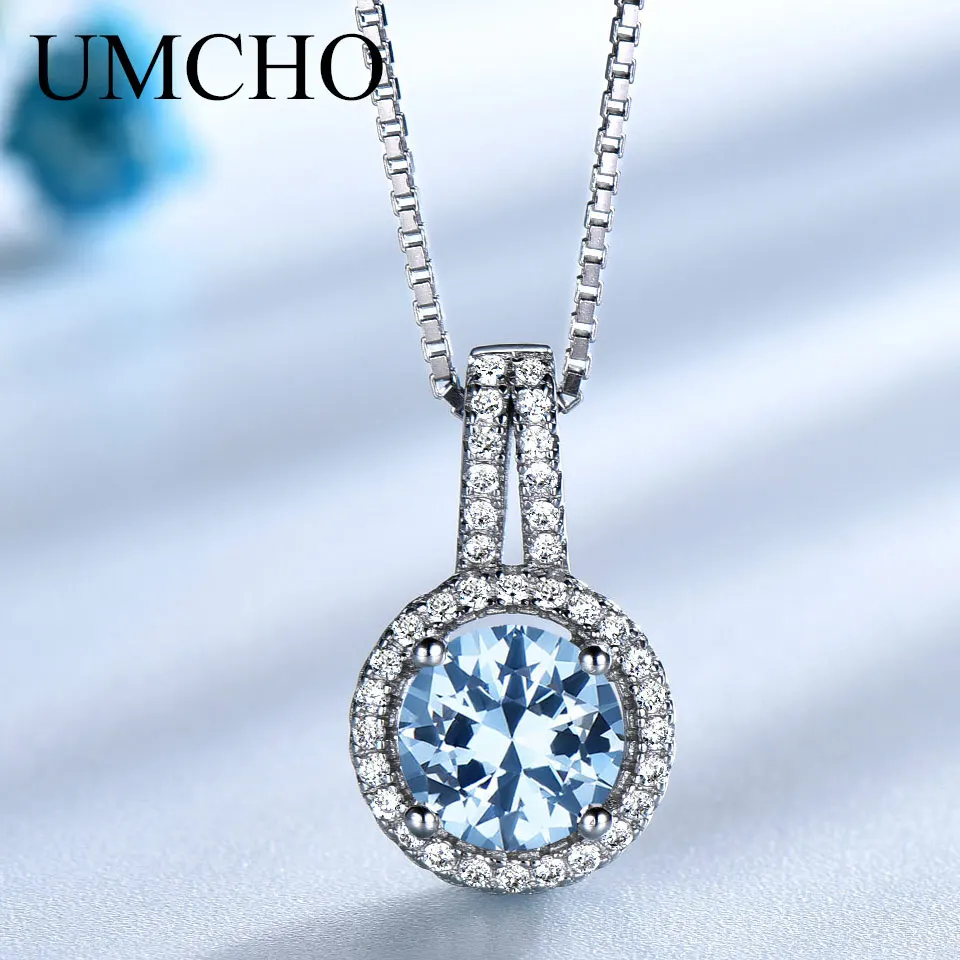 UMCHO Blue Topaz Gemstone Pendants Necklaces For Women Solid 925 Sterling Silver Pendant Brand Fine Wedding Jewelry Gift for Her afbeelding