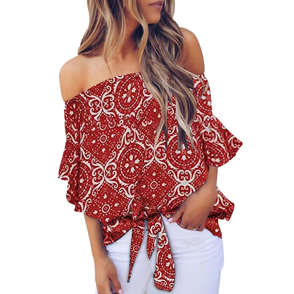 

Women Summer Off Shoulder Top Blusas Tie Knot Floral Print Tops Casual Shirts Blouse womens tops and blusas mujer de moda 2019