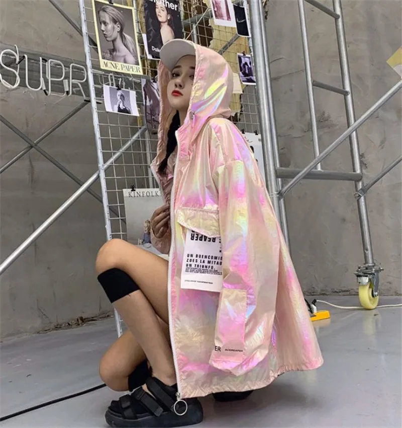 

European and American Women's Jacket Coats Cap Fashion Leisure Dormitory Bright and Colorful Thin Jacket Sunscreen Windproof Rai