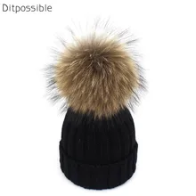 Ditpossible Детское хлопковое вечернее платье в горошек, 15F вязаные шапочки шляпа с натуральным кроличьим шапки с меховым помпоном для мальчиков Bonnet Gorro девочек головные уборы skullies 2-6year старый для детей