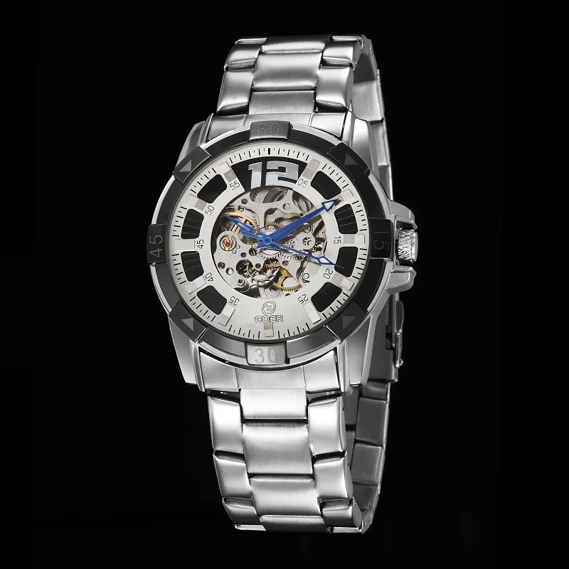 GOER brand Men s Skeleton wrist watch Sports waterproof Mechanical automatic Stainless Steel male Watch Luminous
