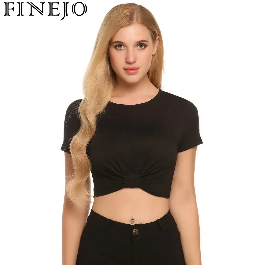 FINEJO Solid Casual O-Neck Short Sleeve Women Front Tie Pullover Sexy T-shirt FINEJO Solid Casual O-Neck Short Sleeve Women Front Tie Pullover Sexy T-shirt