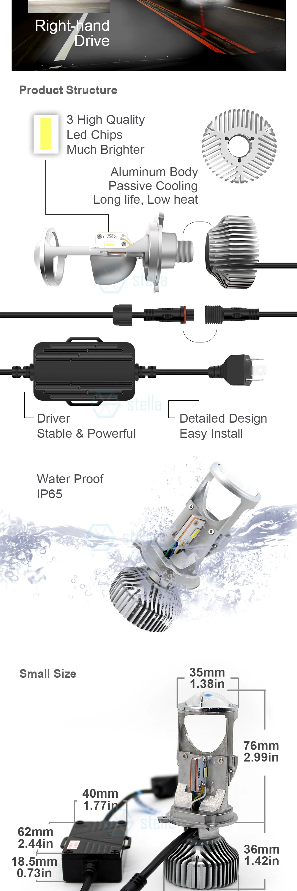 Stella h4 светодиодный объектив 12V 72W фары для 8000LM 5500k h4 линзы проектор высокой/ближнего света светильник лампы авто светодиодный лампы для автомобилей головной светильник лампы светодиодный