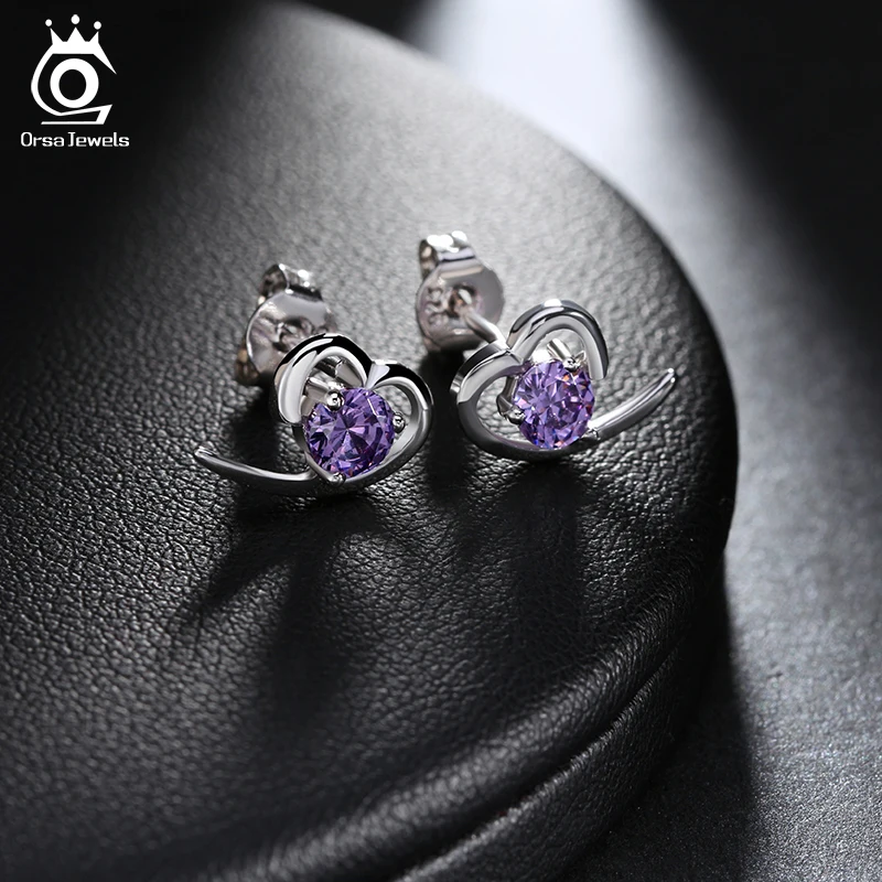 

ORSA JEWELS Romantic Heart Shape Silver Earring Studs Luxury 1.5ct AAA Purple/Clear Crystal for Women Engagement Gift OE11