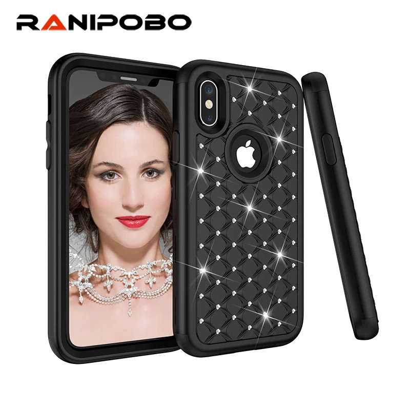 

Luxury 3-in-1 Impact Cover Hard&Soft Silicone Hybrid Case Universal for iPhone 11 Xs Max XR XS X Armor Phone Cases Bling Diamond